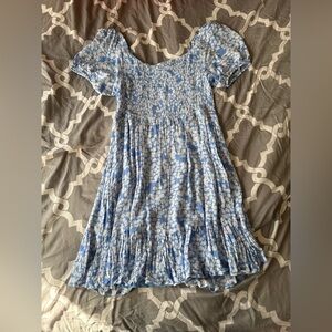 Blue & White Floral Smocked Puff-Sleeve Dress